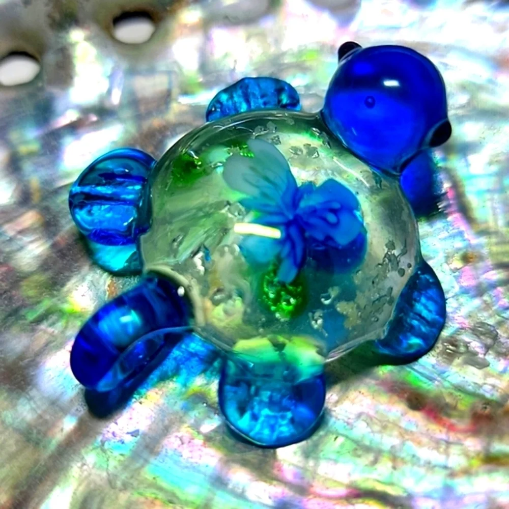 NEW Handcrafted Blown Art Glass Turtle Charm Pendant Floral with Luminous Specks